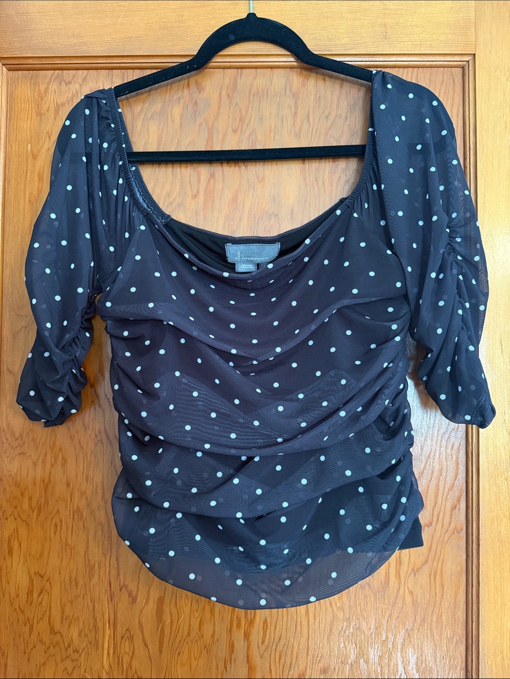 Anthropologie Black Polka Dot Square-Neck Blouse - Picture 6 of 6
